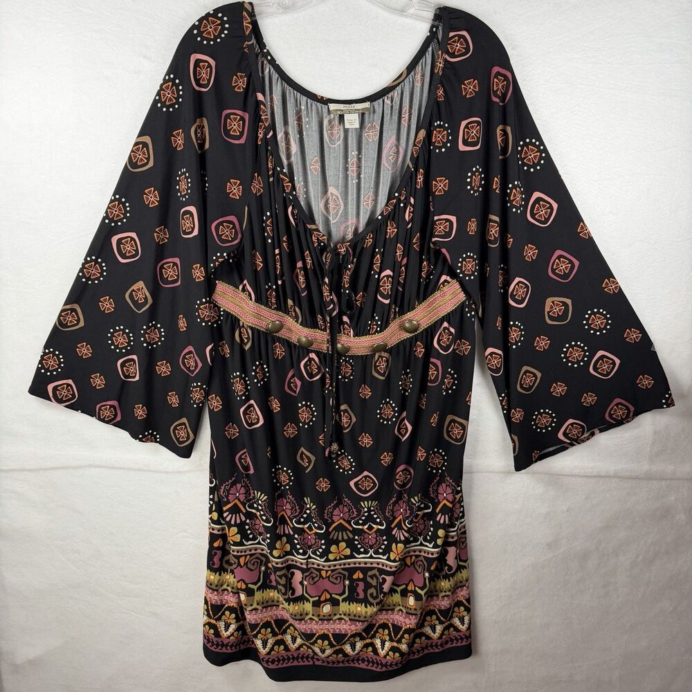 Muse Boston Proper Dress Retro Shift Floral 70s Tunic Beaded Boho Groupie Sz 12*